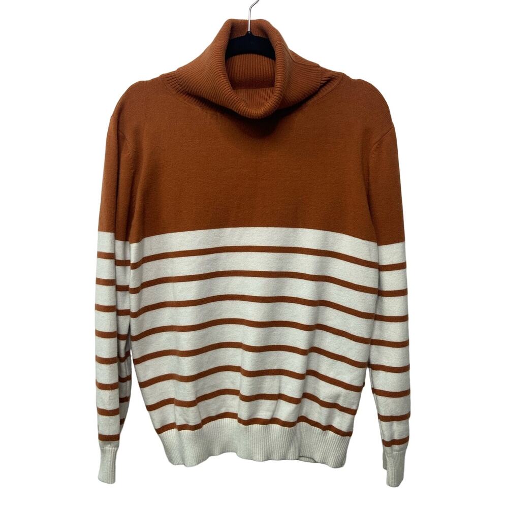 Sucrefas‎ Turtleneck Knit Sweater Long Sleeve Colorblock Brown White Women's M